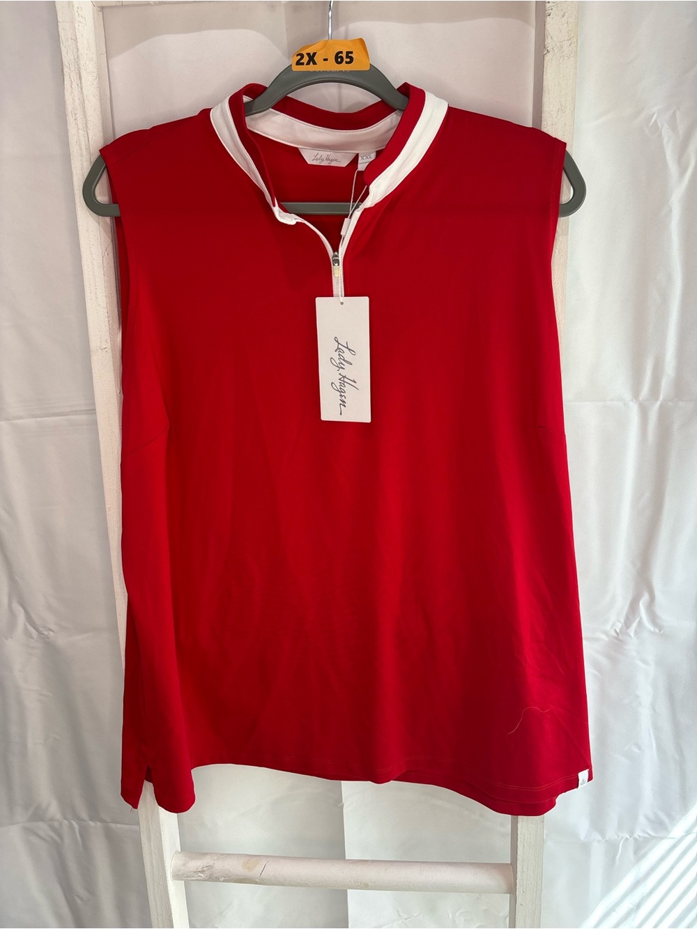 Lady Hagen Red Sleeveless Zip Mock Neck Tank with White Trim